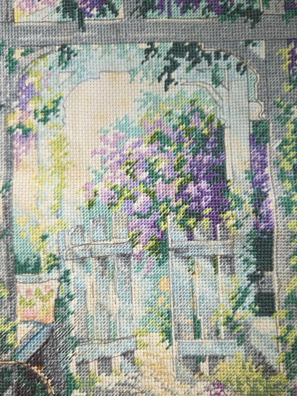 Hand-Embroidered Garden Scene Wall Art - Purple, Green, Yellow